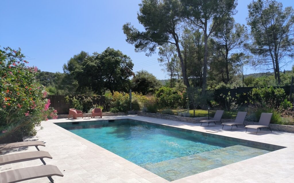 Grande piscine avec vue sur la pinède